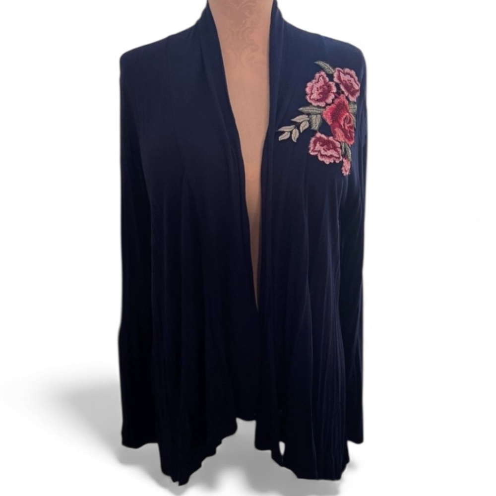 Modern Attraction Floral Embroidered Long Sleeve Cardigan Blue Open Front Sz XL